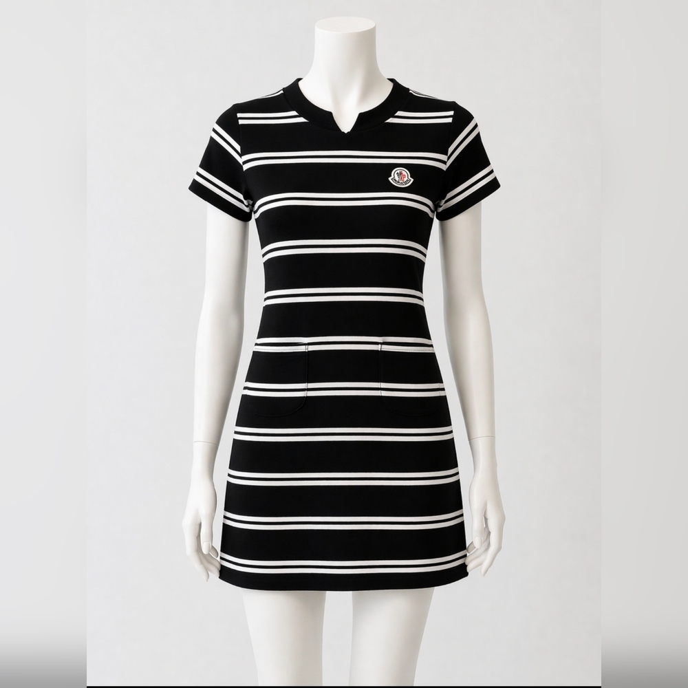 Dark blue and white striped knit mini dress with Moncler-style chest logo patch.